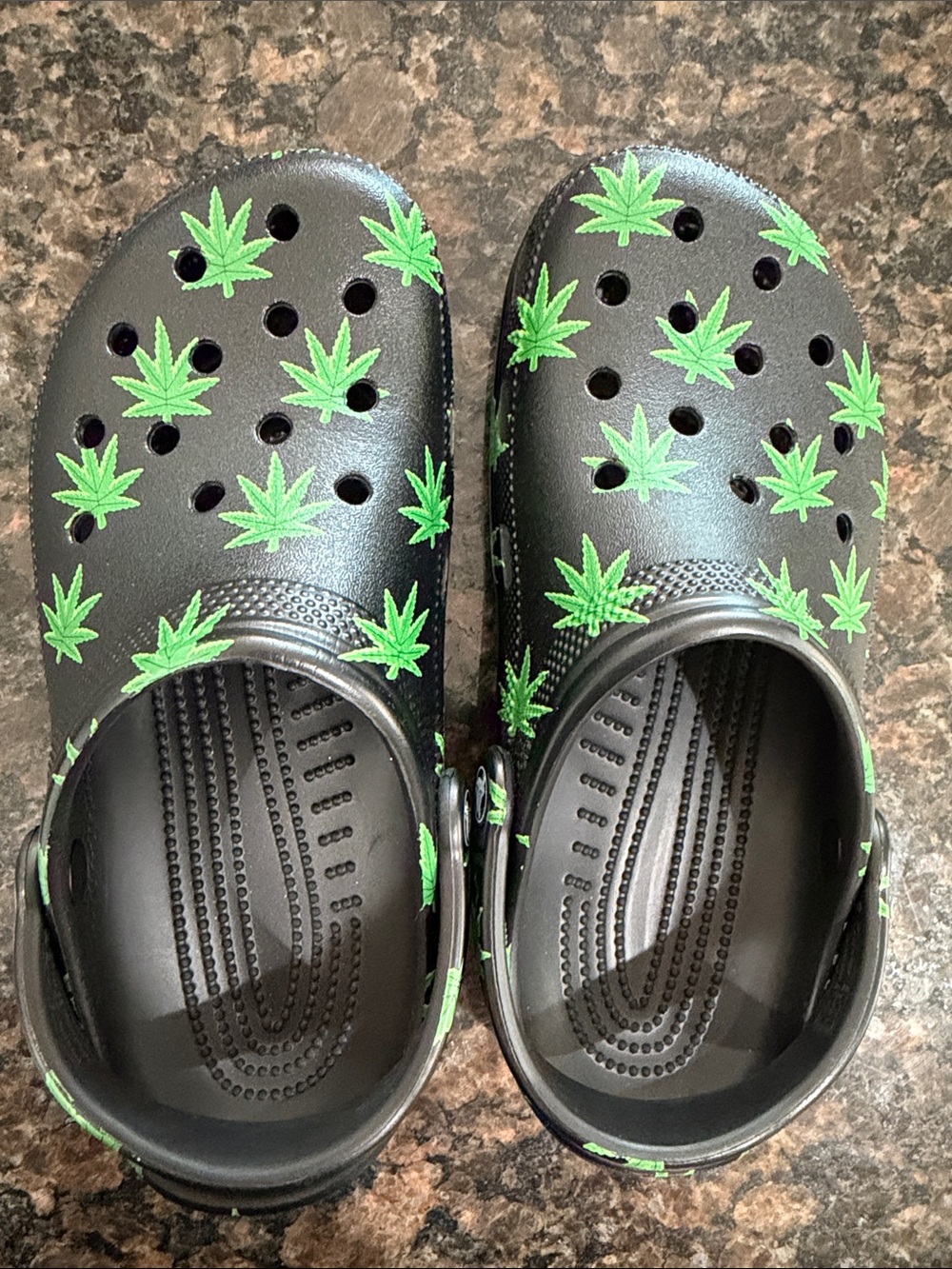 CROCS Black Clog with Neon Green Leaf Pattern